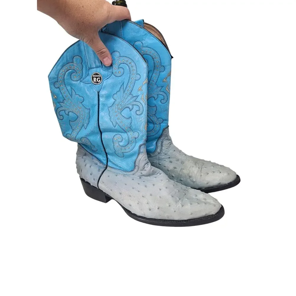 RG Boots 9.5 Light Blue Leather Ostrich Western Cowboy Boot Rodeo Ranch
